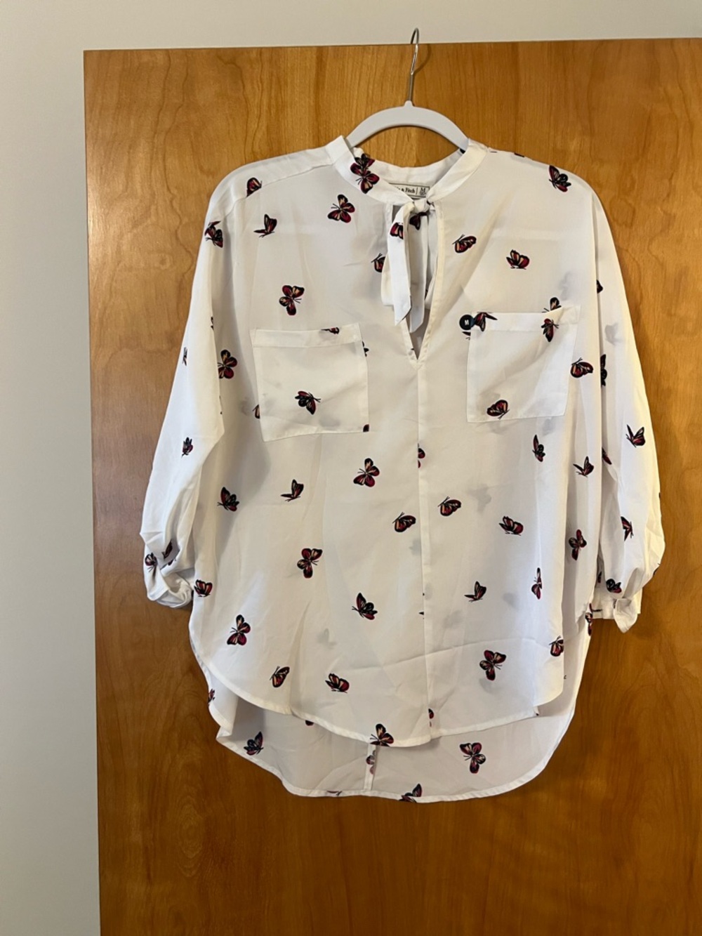 NWT Abercrombie & Fitch Y2K Womens Shirt White Butterfly Bow Tie Neck Top Medium
